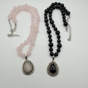 2 Glass Bead Necklaces w/ Silver Pendant Light Pink & Black 10”L Adjustable